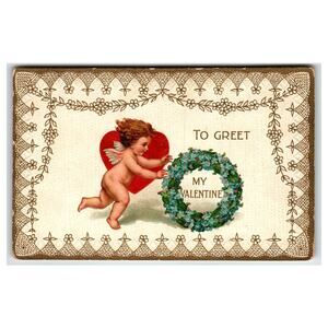 Vintage Valentine Postcard Cupid with Heart & Floral Wreath Embossed